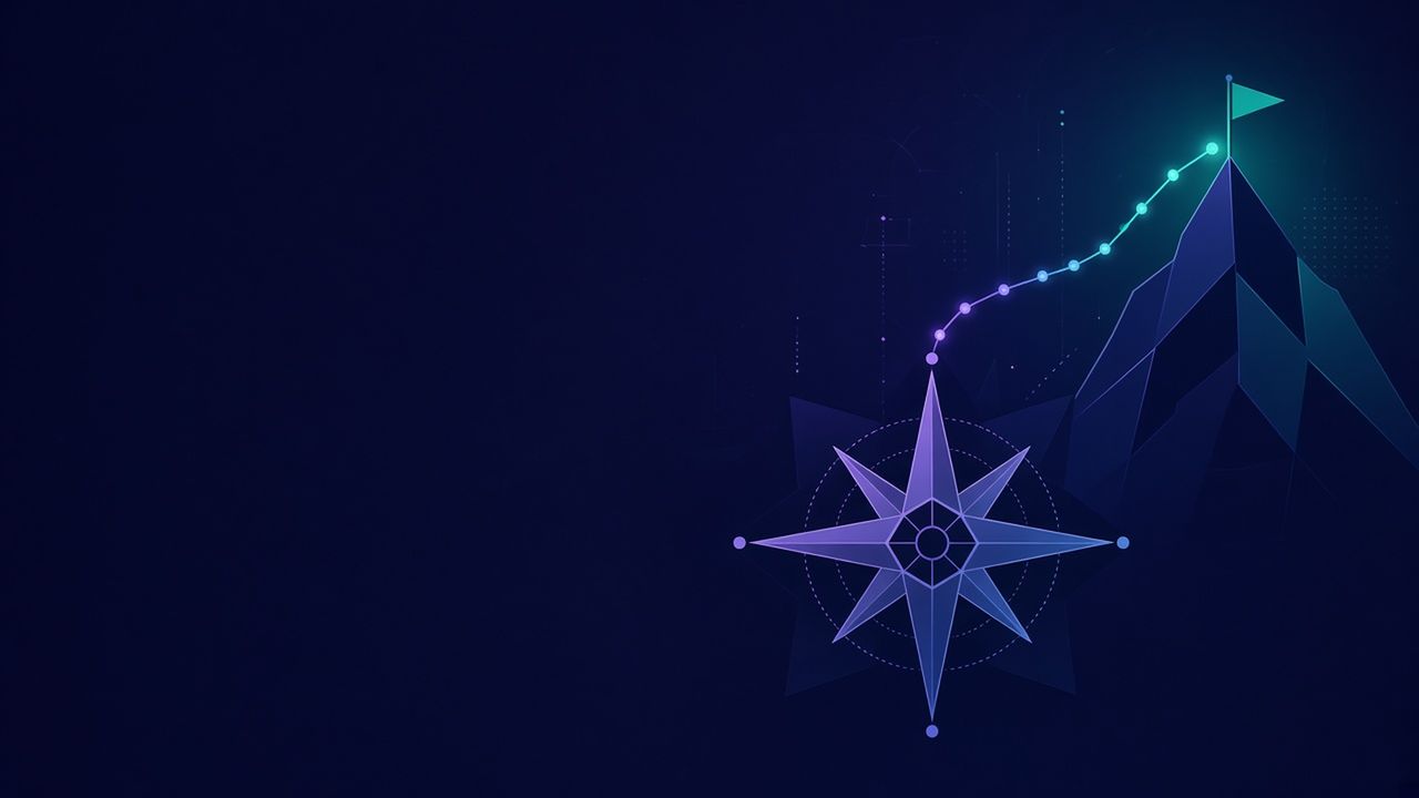 A violet compass star with a dotted path climbing to a flag atop a mountain peak.