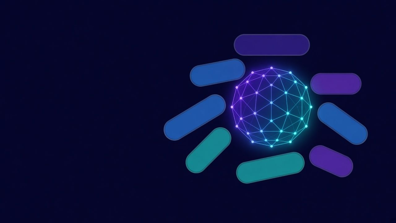 A glowing geodesic sphere surrounded by rounded violet, blue and teal building blocks.